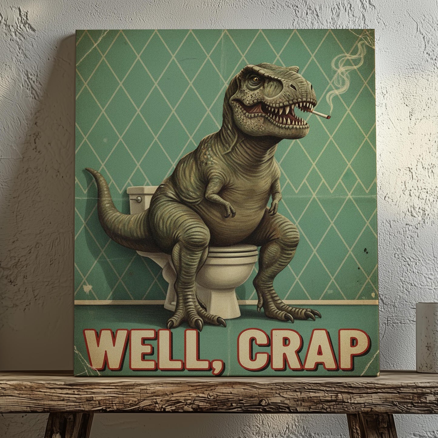 Funny Bathroom Wall Art Canvas – T-Rex on Toilet Well Crap Dinosaur Print for Man Cave Decor & Gag Gift for Men