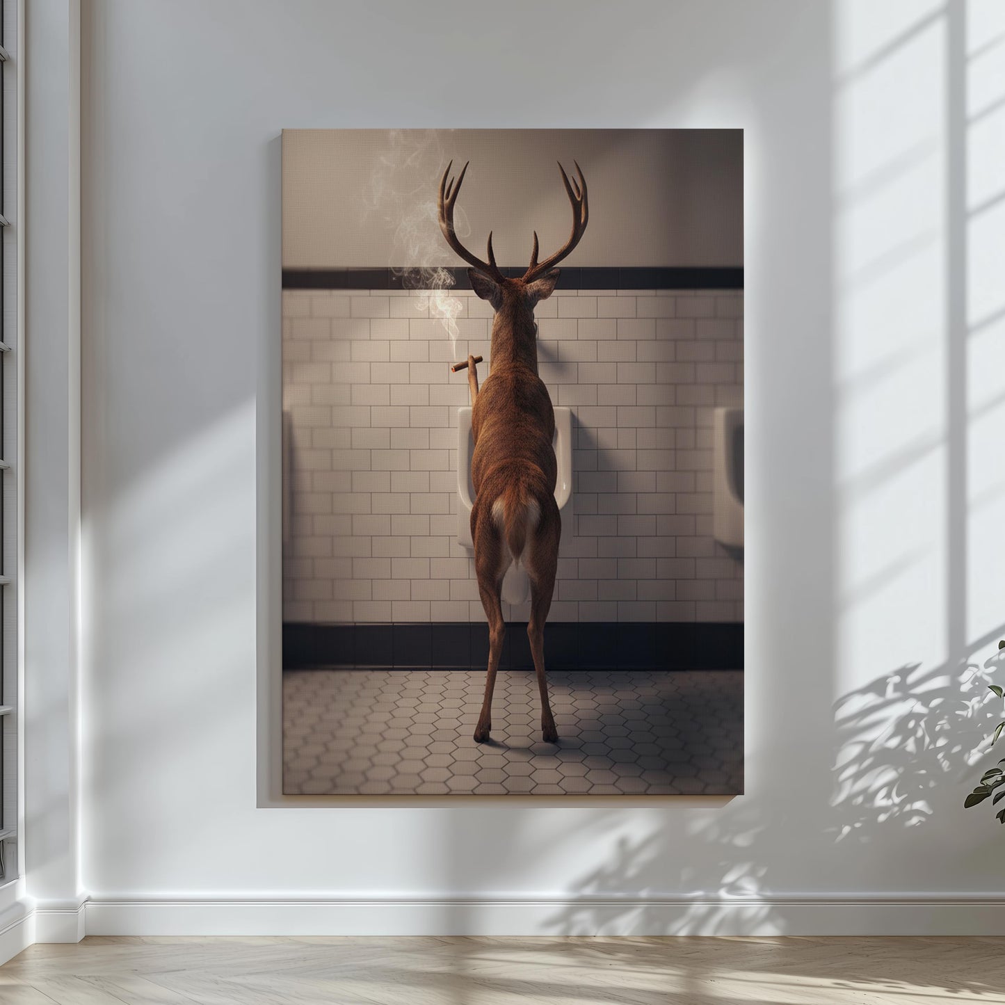 Funny Hunting Wall Art Canvas – Deer Smoking in Bathroom Print for Man Cave Decor & Gag Gift for Hunters