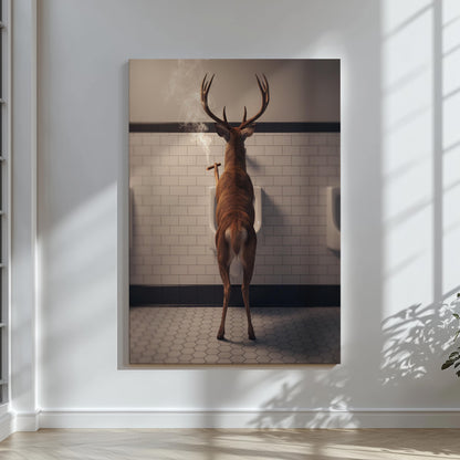 Funny Hunting Wall Art Canvas – Deer Smoking in Bathroom Print for Man Cave Decor & Gag Gift for Hunters