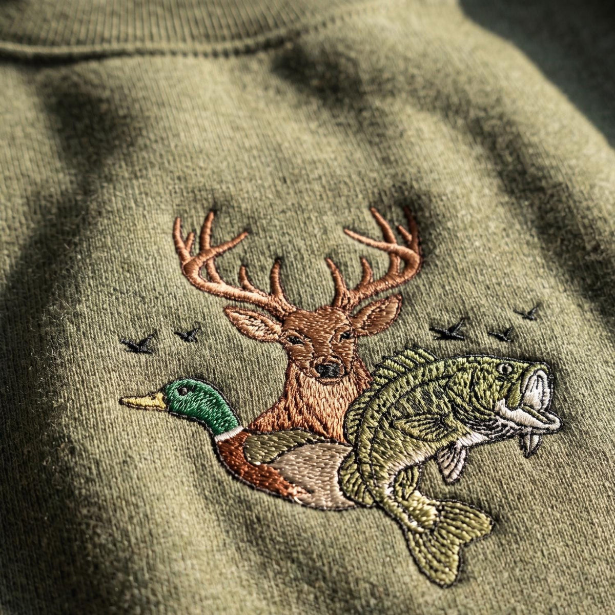 Embroidered Deer Duck Fish Sweatshirt, Hunting and Fishing Crewneck