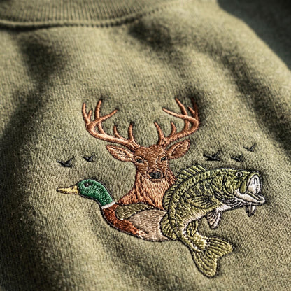 Embroidered Deer Duck Fish Sweatshirt, Hunting and Fishing Crewneck