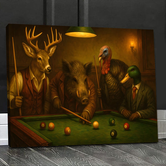 Hunter’s Billiard Crew Canvas Wall Art – Deer, Boar, Duck & Turkey Playing Pool – Rustic Hunting Cave