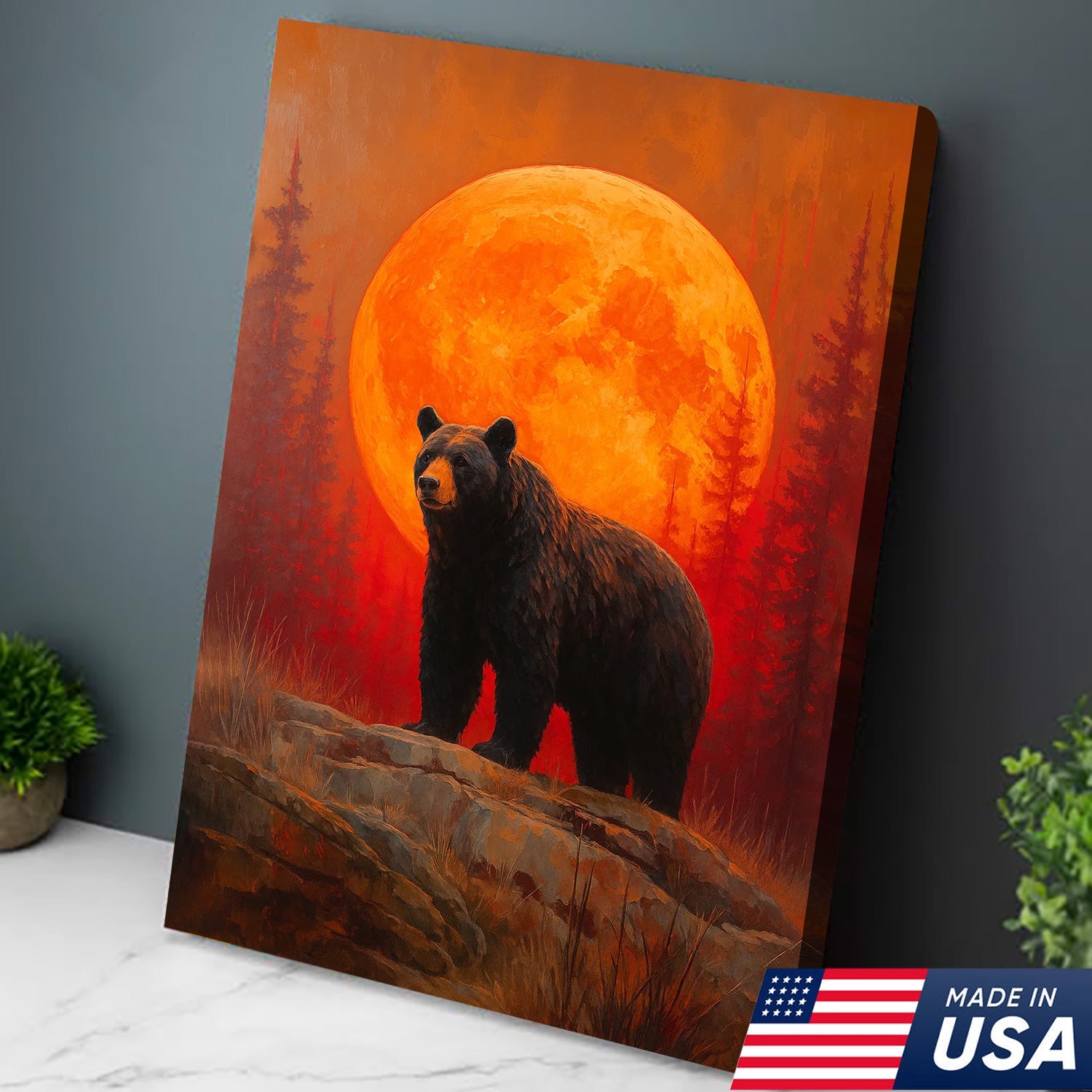 Bear Canvas Wall Art – Majestic Black Bear with Fiery Orange Full Moon