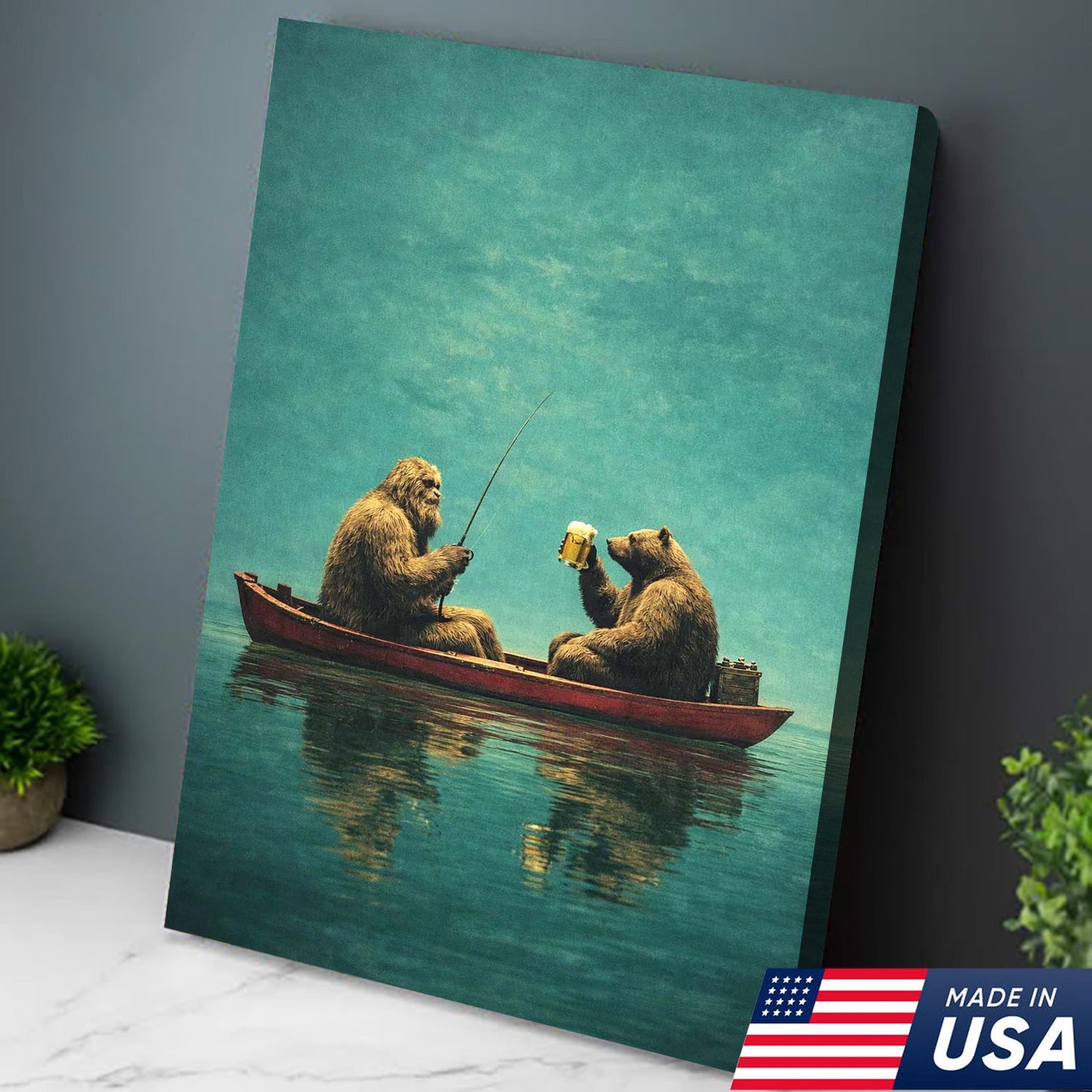 Whimsical Bear Fishing Canvas Wall Art, Surreal Animal Friendship Painting