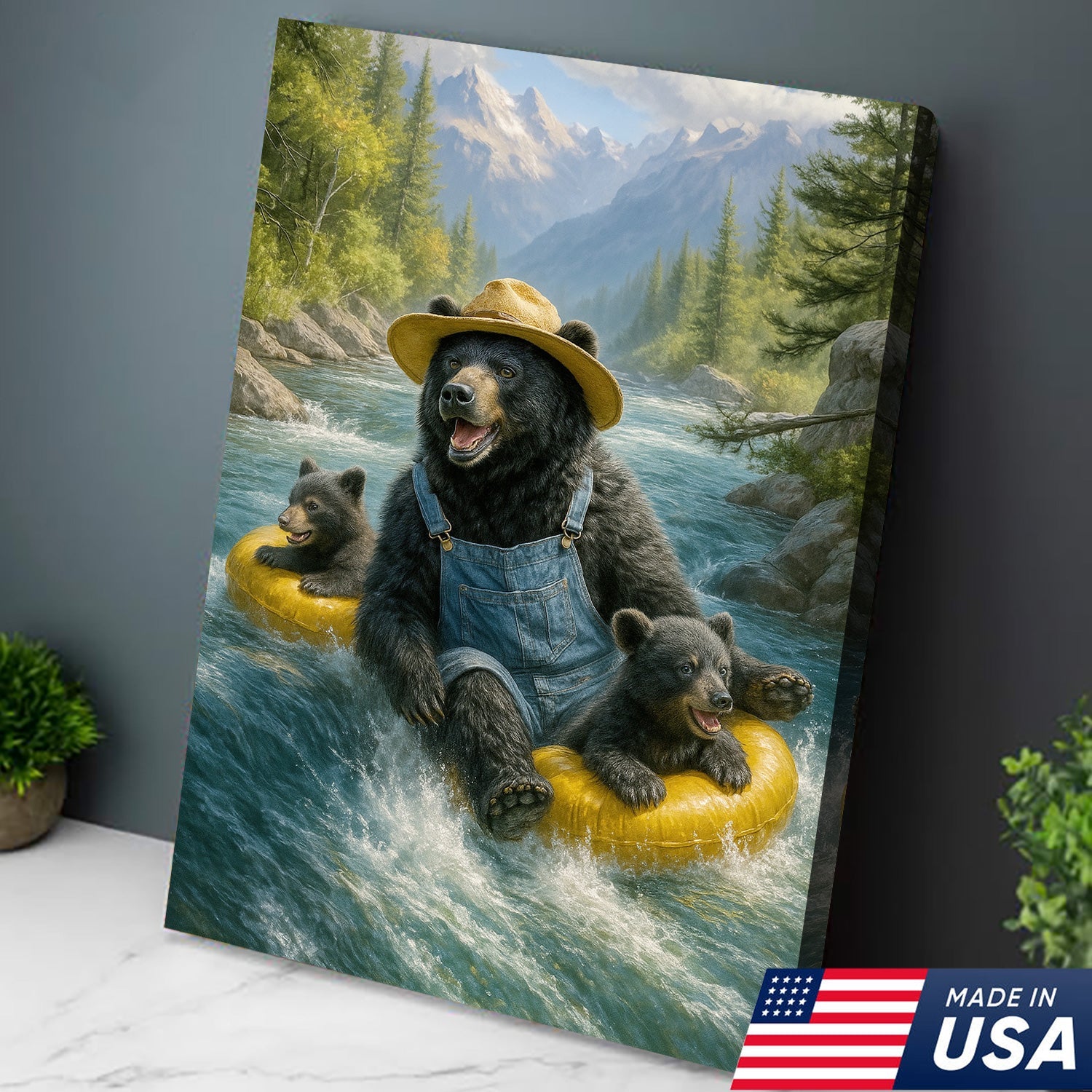 Bear River Adventure Canvas Wall Art – Cute Bear Family Wall Decor for Cabin & Nature Lovers