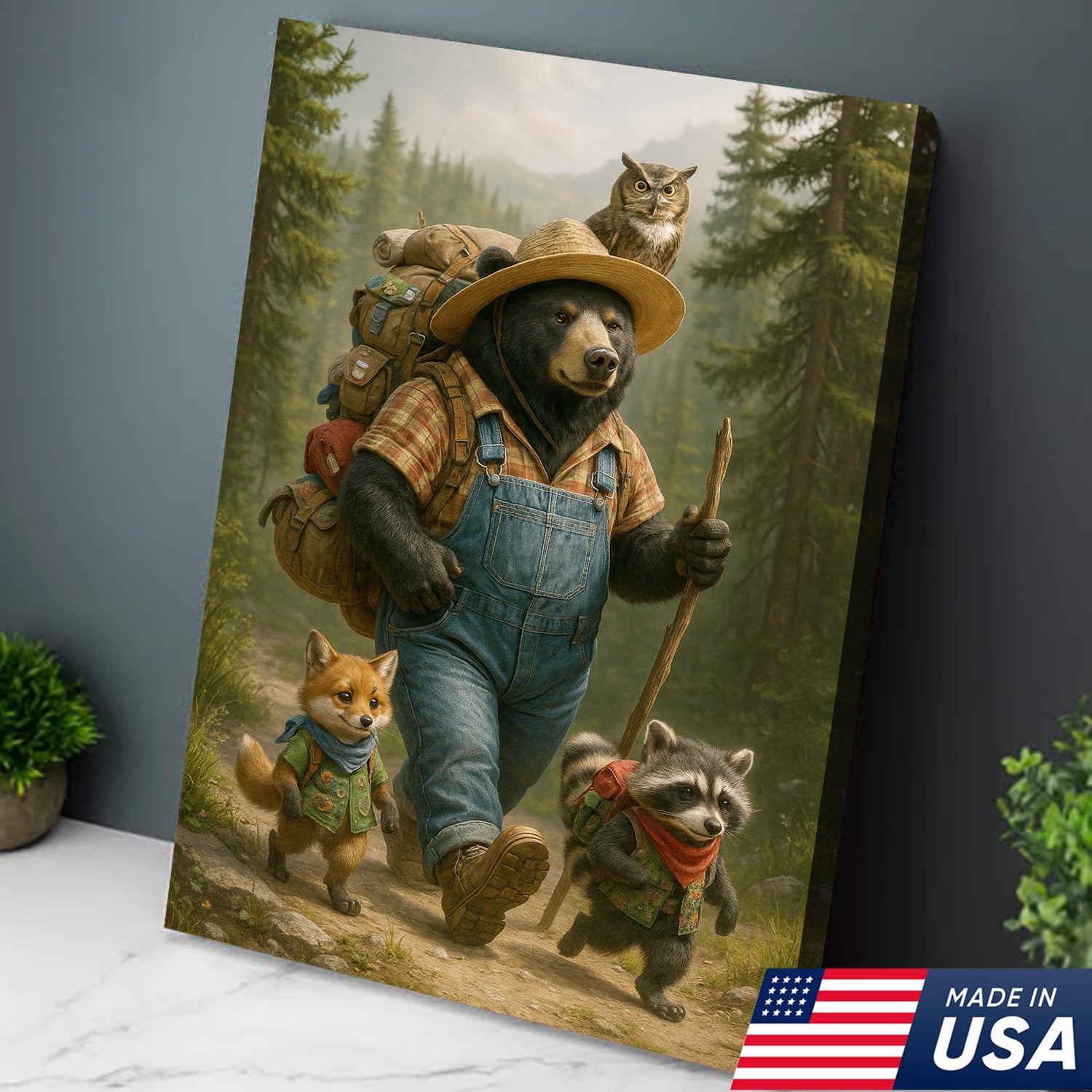 Bear Hiking Adventure Canvas Art – Cute Woodland Animal Wall Decor for Cabin & Home