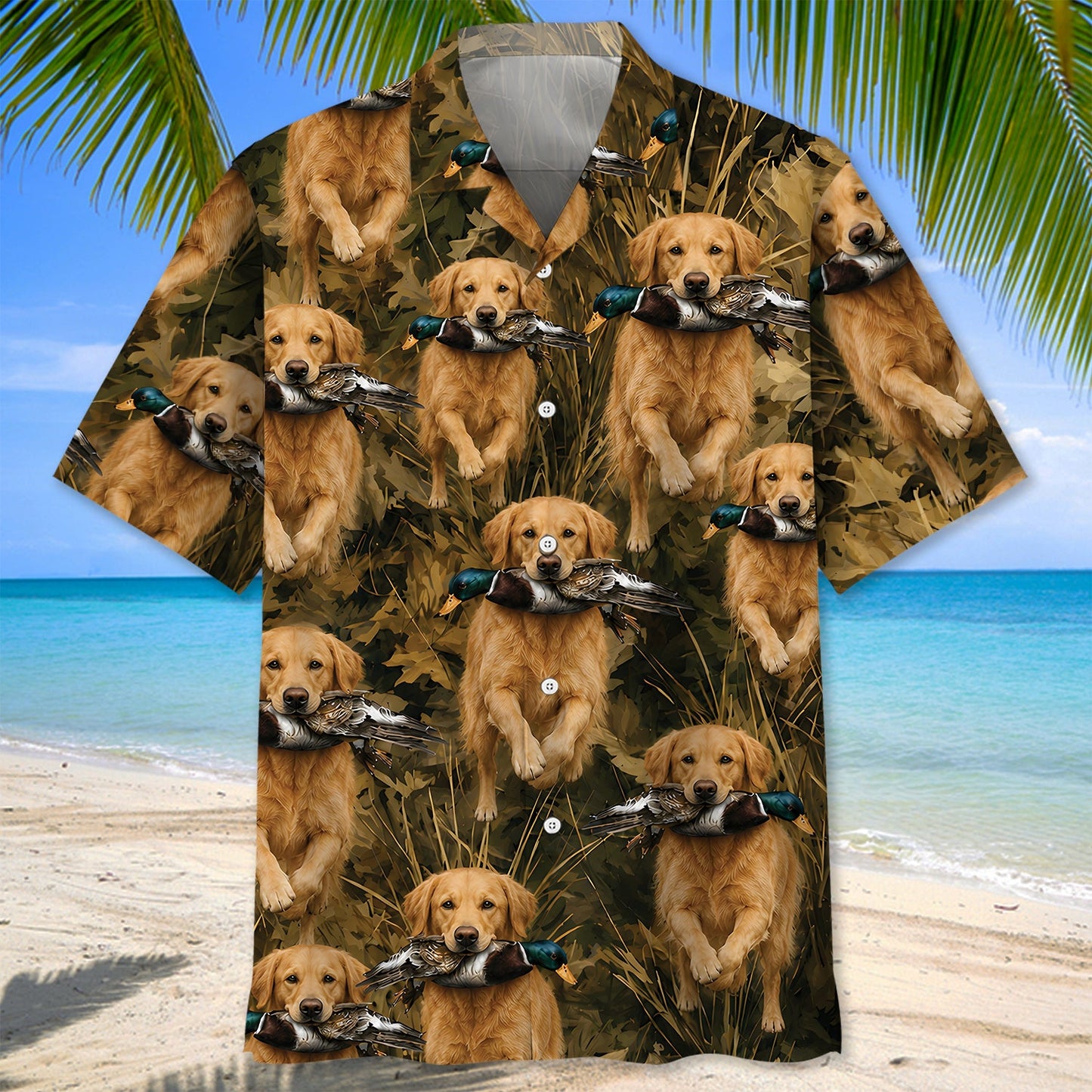 Camouflage Golden Retriever Running with Mallard Duck Hawaiian Shirt