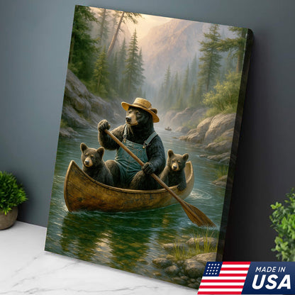 Bear Family Canoe Adventure Canvas Wall Art – Rustic Wildlife Wall Decor for Cabin & Home