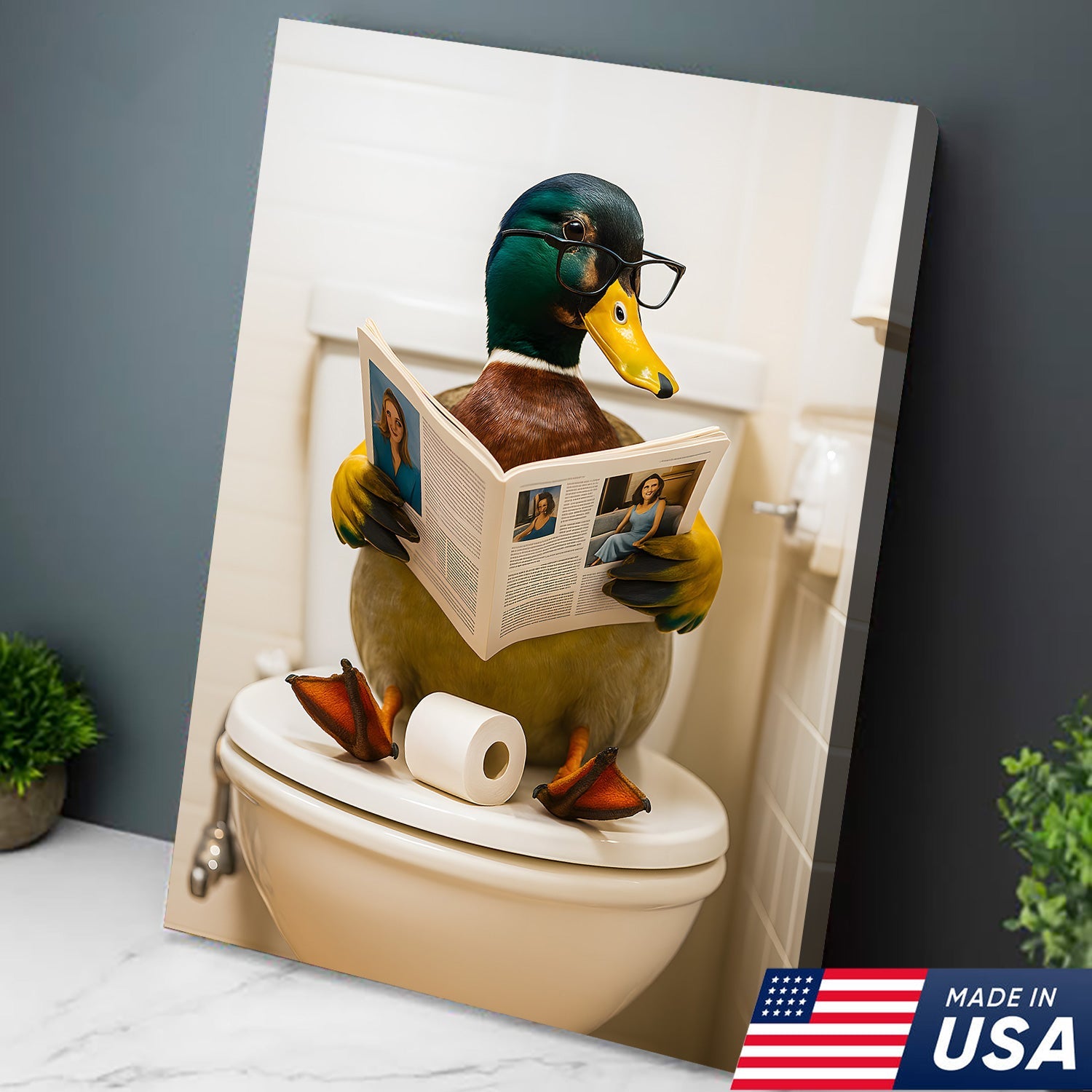 Funny Duck Bathroom Canvas Wall Art – Unique Gift for Hunters, Wildlife Lovers & Cabin Decor