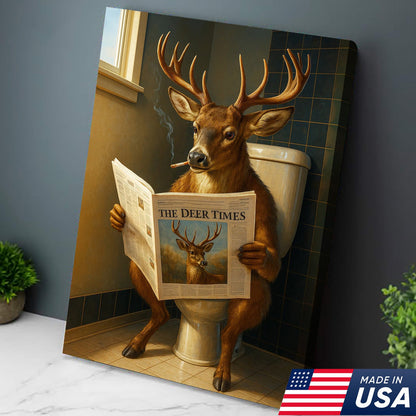 Funny Deer Canvas Wall Art – Buck Reading Newspaper on Toilet – Whitetail Deer Bathroom