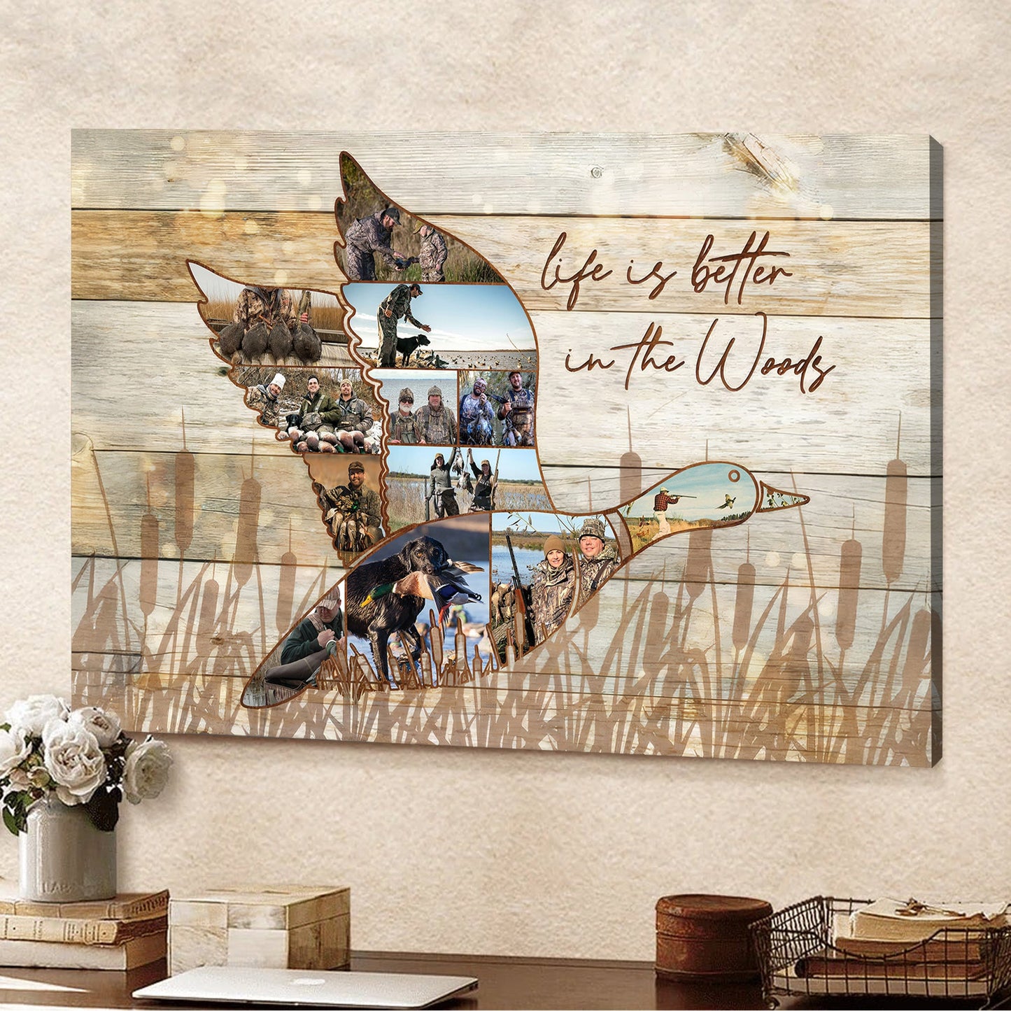 Custom Photo Duck Hunting Collage Canvas, Rustic Wood Look, Personalized Waterfowl Hunter Gift Wall Art