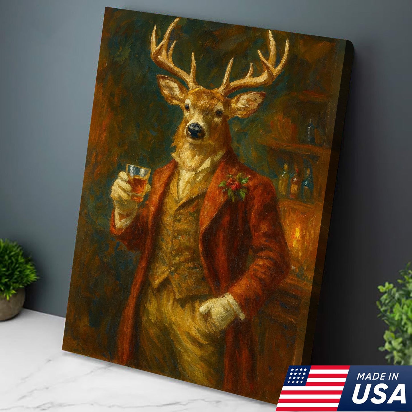 Deer Gentleman Wall Art Canvas – Whiskey Hunter Canvas Decor for Rustic Cabin