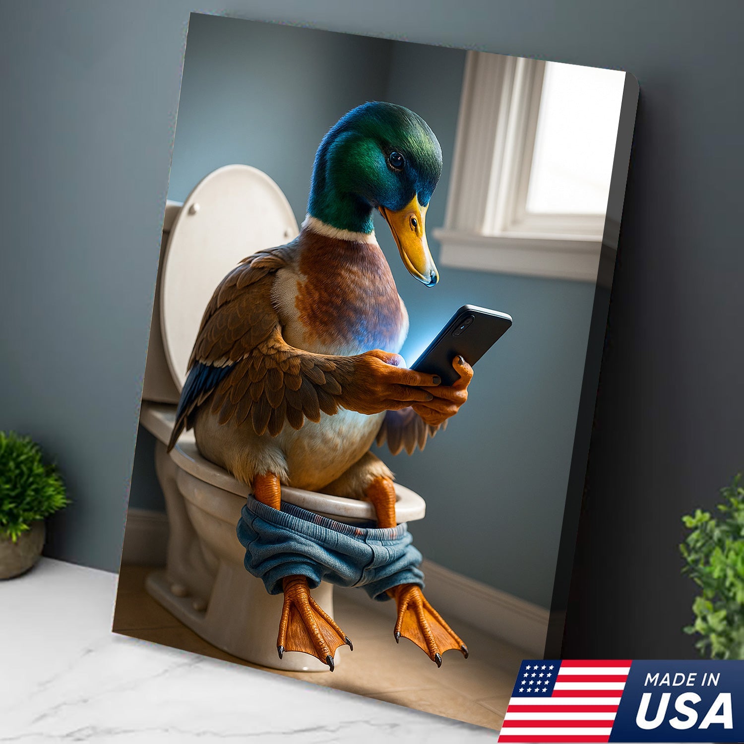 Funny Duck on Toilet Canvas Wall Art – Hilarious Gift for Men, Husband or Bathroom Decor