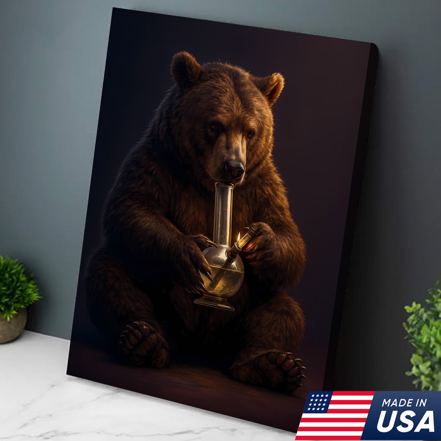 Rustic Bear Smoking Canvas Wall Art – Funny Cabin Decor for Hunters & Outdoor Lovers