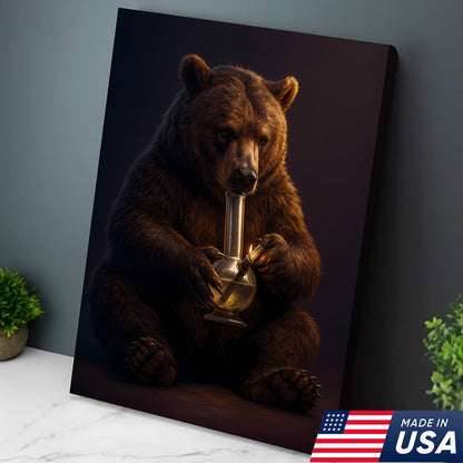 Rustic Bear Smoking Canvas Wall Art – Funny Cabin Decor for Hunters & Outdoor Lovers