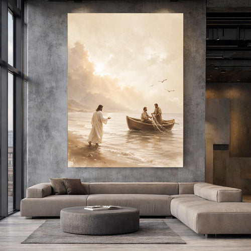 Jesus Walking on Shore Canvas Print, Christian Wall Art, Biblical Coastal Wall Decor