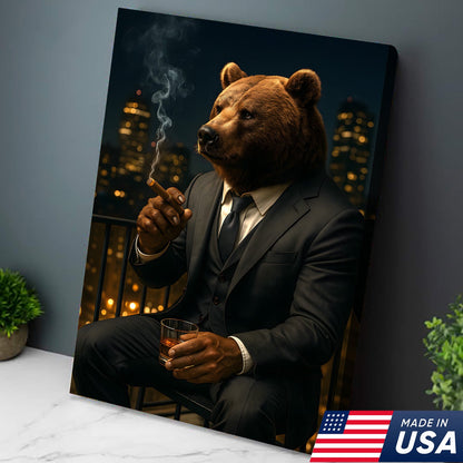 Boss Bear Wall Art – Suited Animal Smoking Canvas, Whiskey Lounge Decor, Alpha Man Gift
