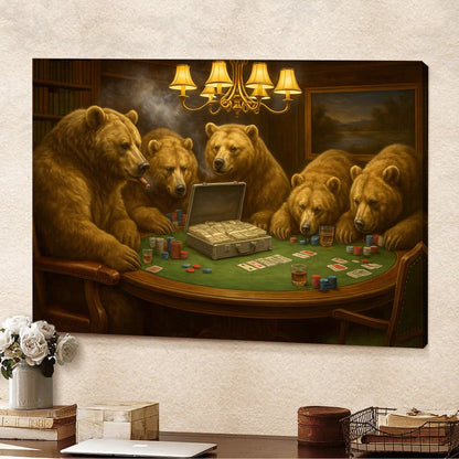 Bears Playing Poker Canvas Wall Art, Funny Casino Game Room Decor, Bear Poker Table Print