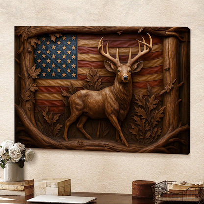 American Deer Flag Canvas Wall Art — Rustic Patriotic Design with Buck and Carved Wood Frame