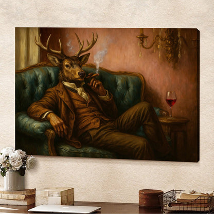 Deer Gentleman Canvas Wall Art – Dapper Buck in Suit on Teal Sofa, Vintage Lounge Portrait