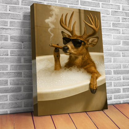 Funny Deer in Bathtub Canvas – Retro Animal Art Print with SunGlasses and Smoking for Wall Decor