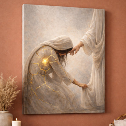 Kintsugi Faith Christian Canvas Art, Woman Healed by Faith Wall Art