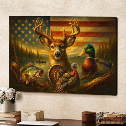 American Flag Hunting Canvas Wall Art – Whitetail Buck, Wild Turkey, Mallard Duck & Largemouth Bass