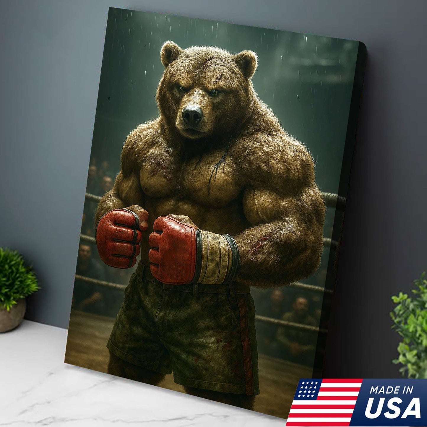 Boxer Bear Canvas Wall Art, Fierce Animal Fighter Artwork, Powerful Strength Decor for Men
