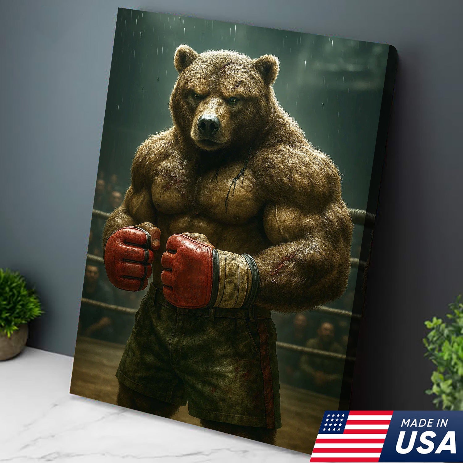 Boxer Bear Canvas Wall Art, Fierce Animal Fighter Artwork, Powerful Strength Decor for Men