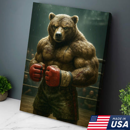 Boxer Bear Canvas Wall Art, Fierce Animal Fighter Artwork, Powerful Strength Decor for Men