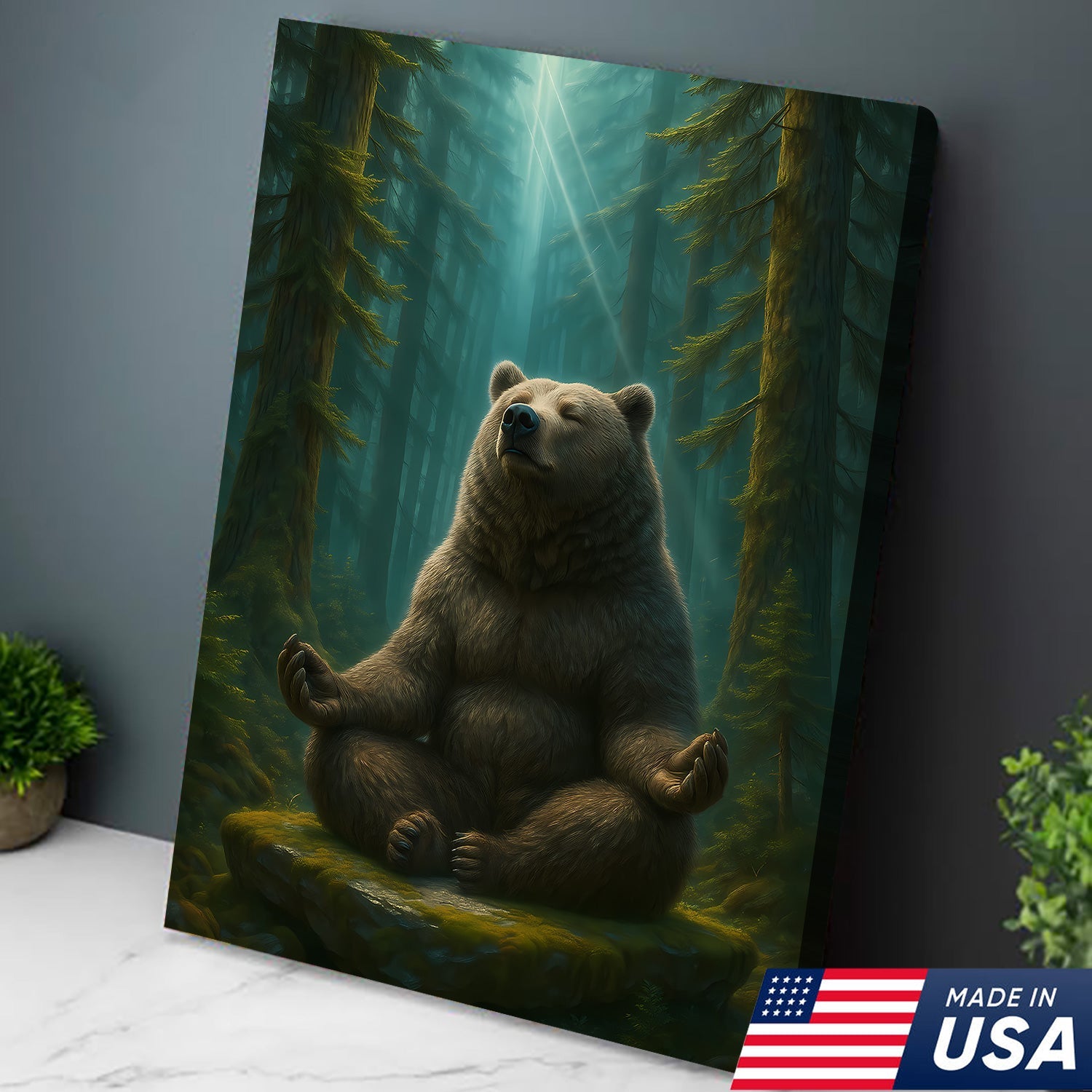 Zen Bear Wall Art – Meditating Bear Canvas for Cabin, Nature Lovers & Rustic Home Decor