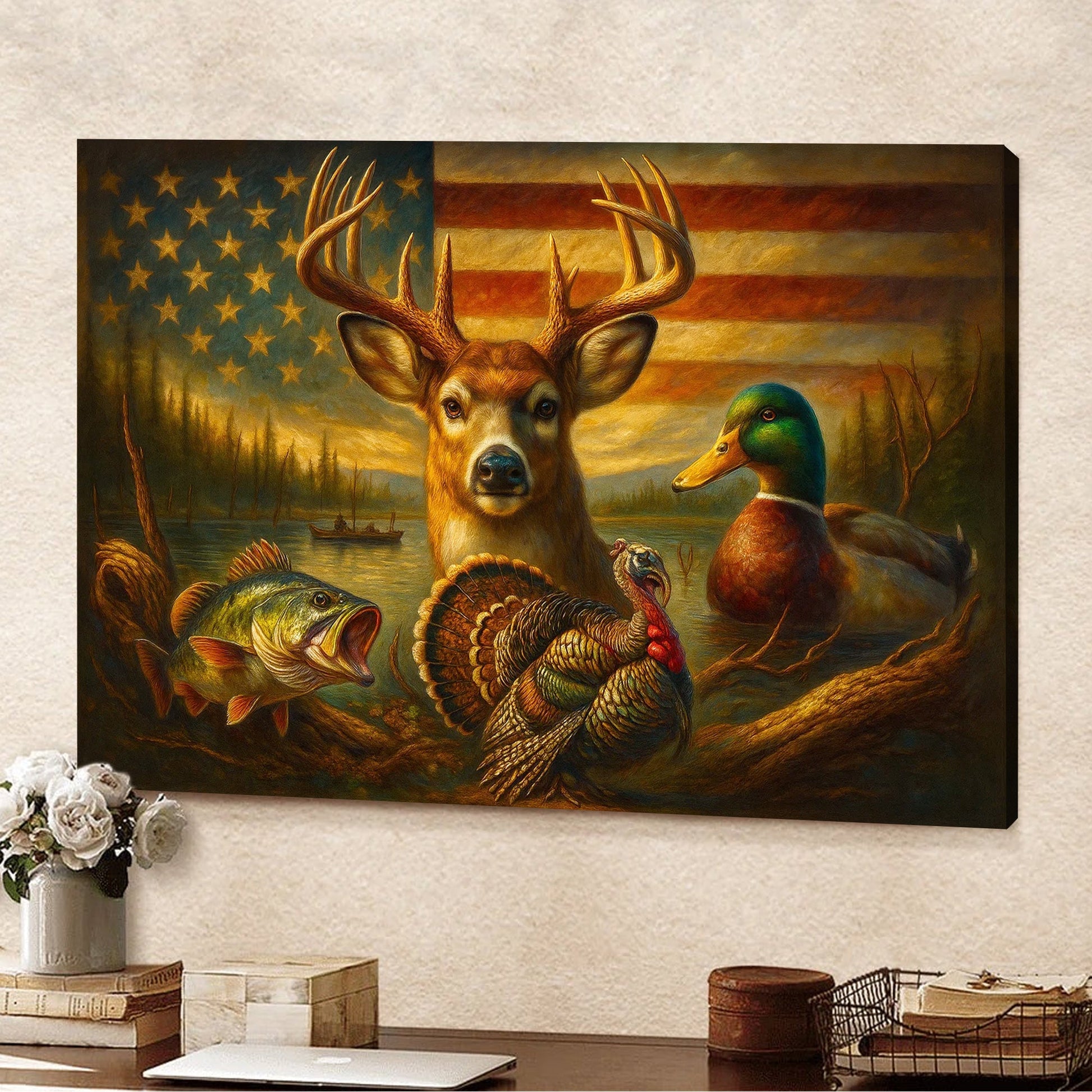 American Flag Hunting Canvas Wall Art – Whitetail Buck, Wild Turkey, Mallard Duck & Largemouth Bass