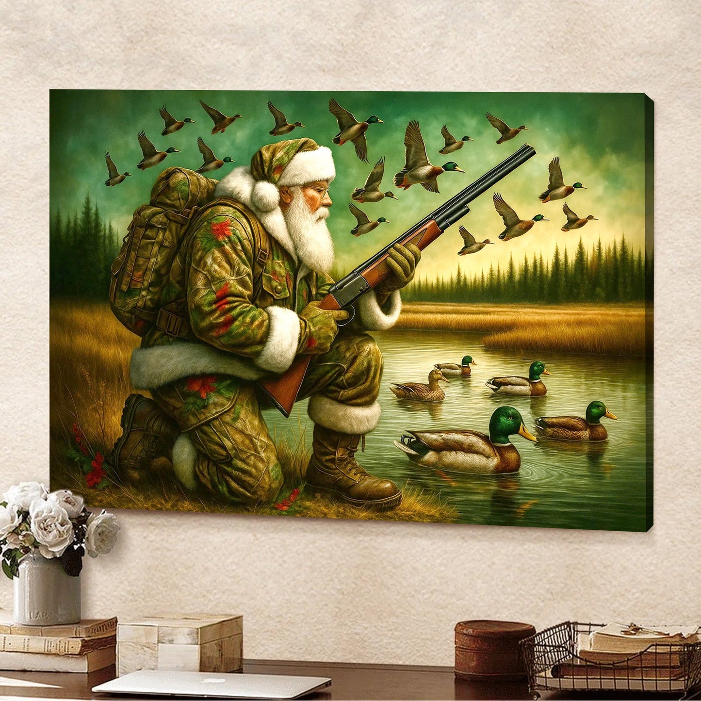 Santa Duck Hunting Canvas Wall Art, Rustic Christmas Cabin Decor, Outdoor Waterfowl Hunter Gift