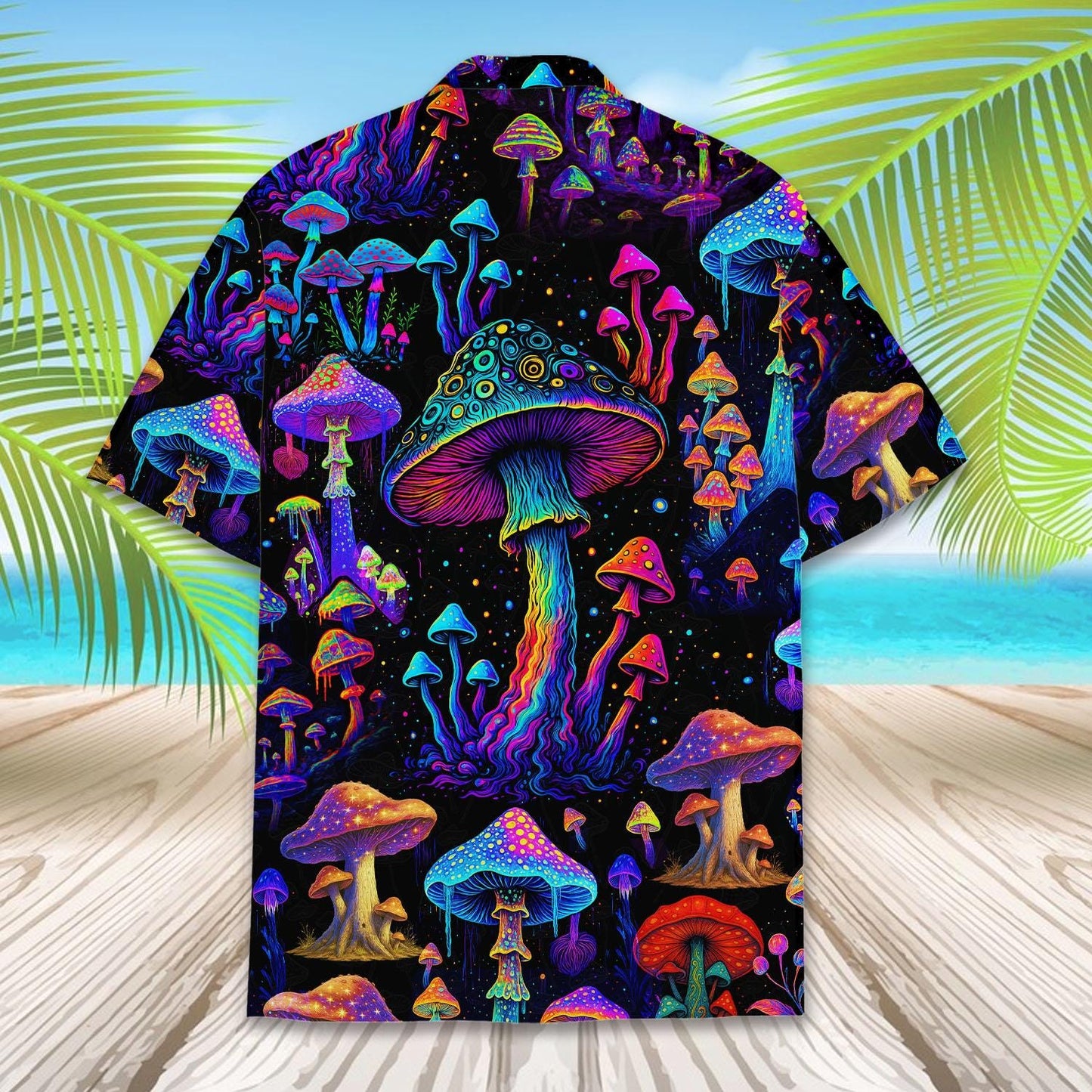 Psychedelic Mushroom Hawaiian Shirt for Men Women Youth, Neon Shrooms Button-Up Shirt Short Sleeve