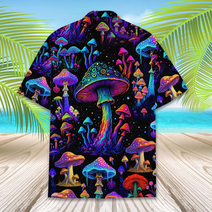 Psychedelic Mushroom Hawaiian Shirt for Men Women Youth, Neon Shrooms Button-Up Shirt Short Sleeve