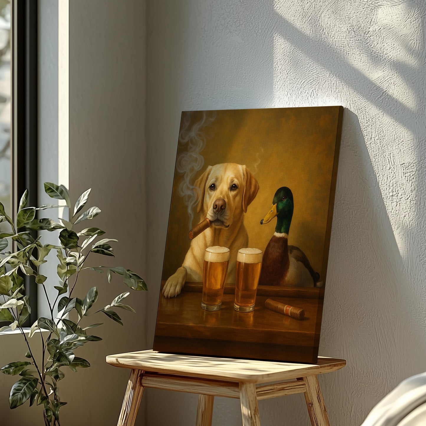 Funny Dog and Duck Beer Painting canvas– Hunting Cabin Wall Art for Men Cave Decor