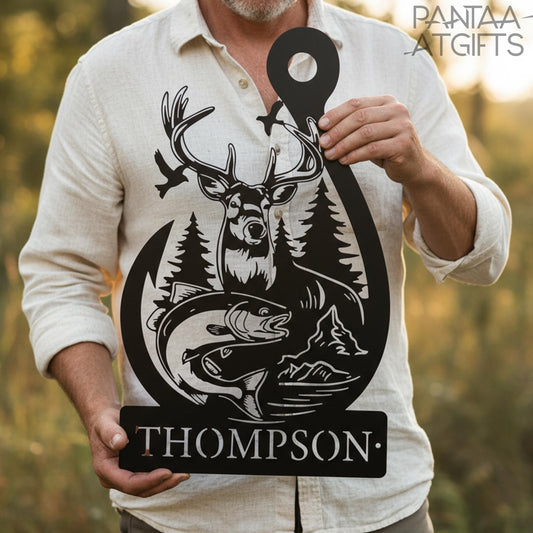 Personalized Deer & Fish Metal Sign, Family Name Outdoor Decor