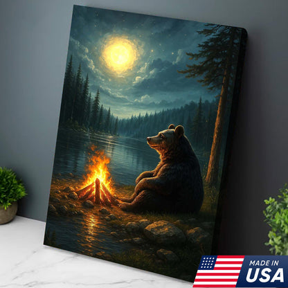Bear Campfire Night Wall Art Canvas, Cozy Camping Bear by Lake