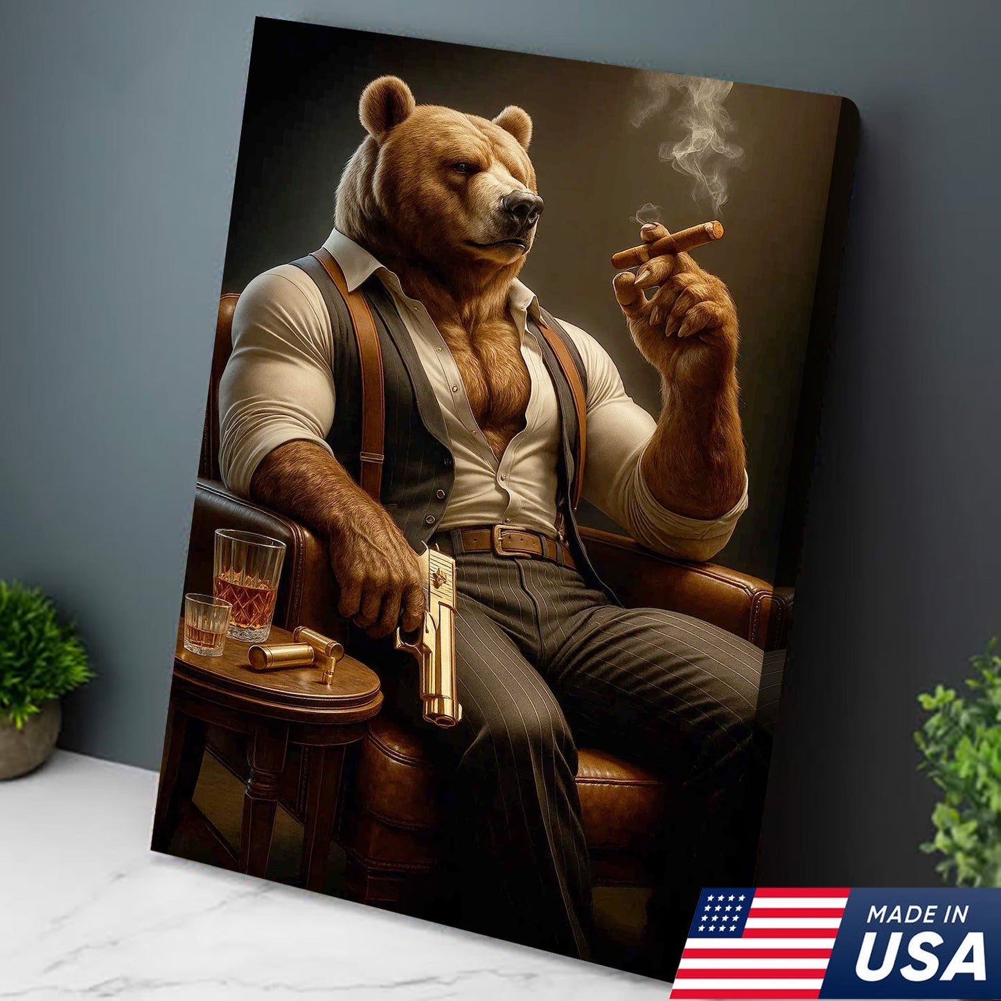 Boss Bear Canvas Wall Art, Stylish Anthropomorphic Animal Portrait, Masculine Power Lounge Decor