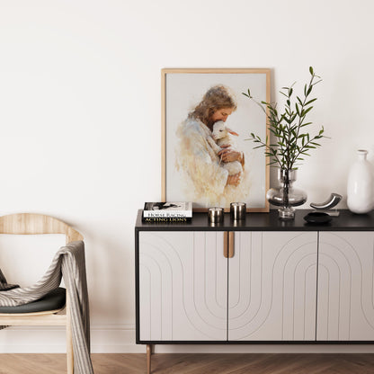 Jesus Holding Lamb Watercolor Print, Christian Wall Art