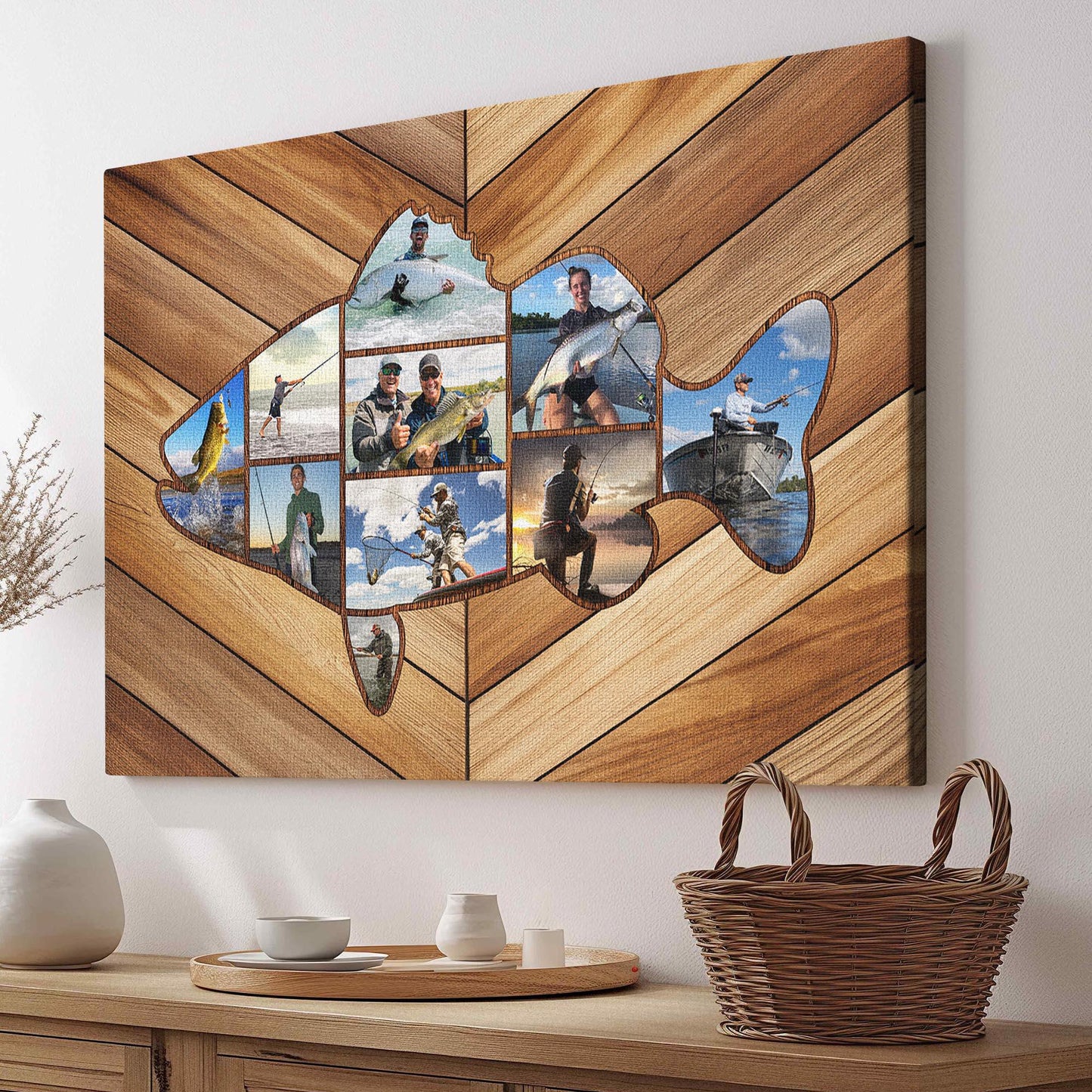 Custom Fishing Photo Collage Canvas, Fish Shape Personalized Wall Art