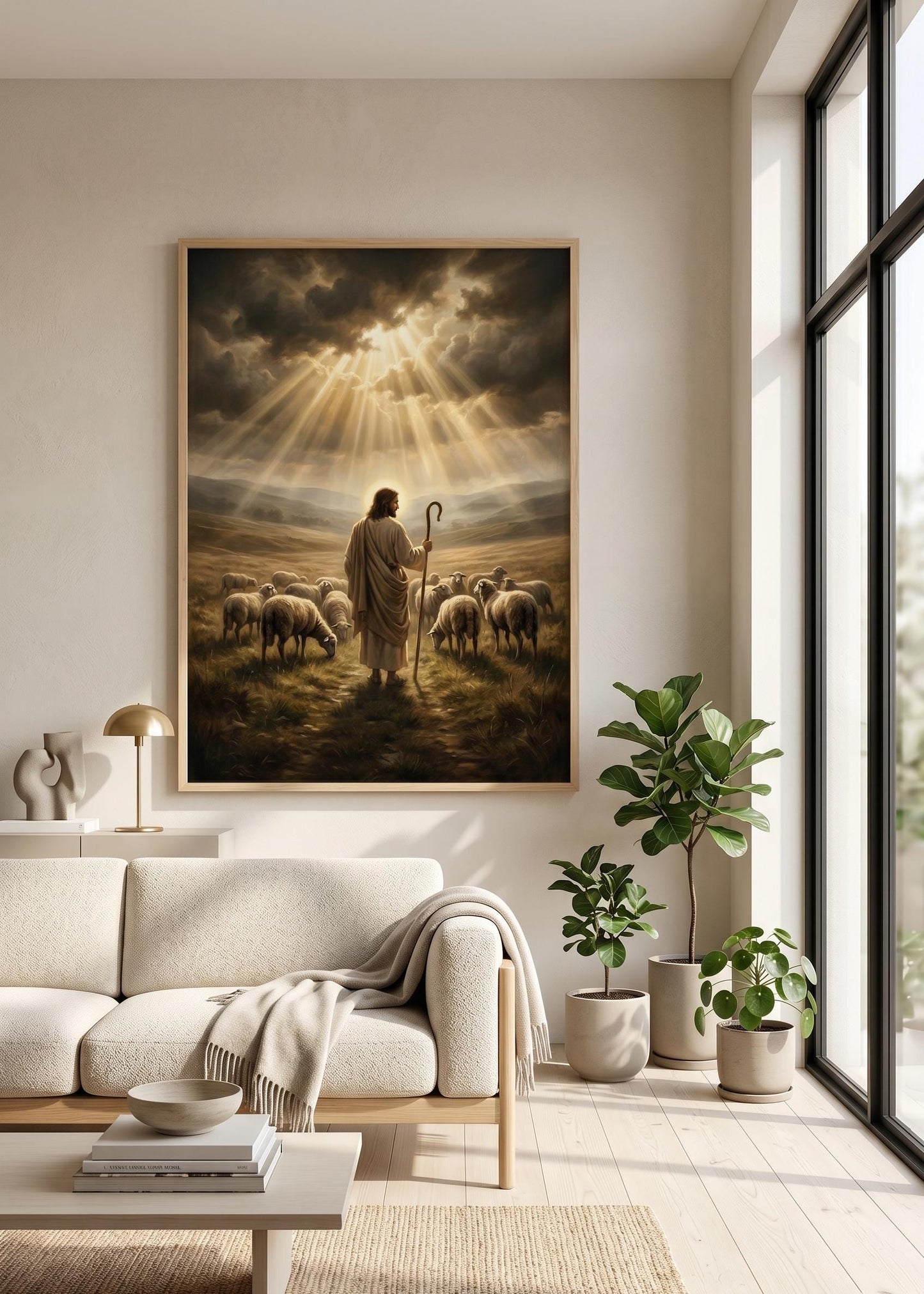 Jesus Good Shepherd Canvas Art, Christian Religious Oil Painting Print
