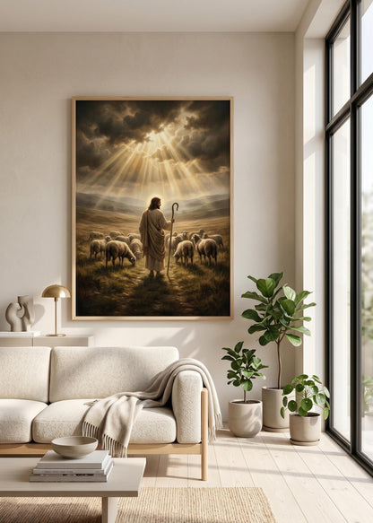 Jesus Good Shepherd Canvas Art, Christian Religious Oil Painting Print