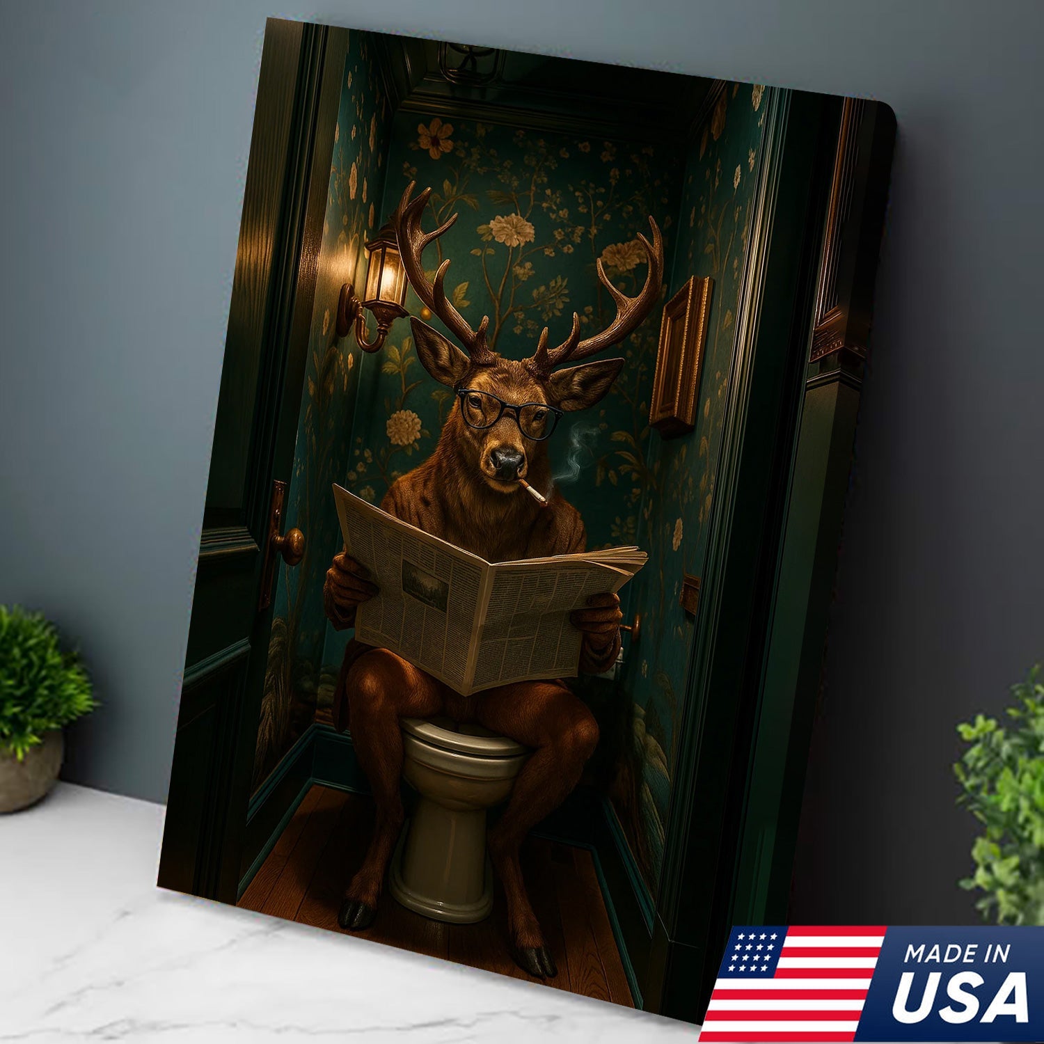 Funny Whitetail Buck Bathroom Canvas – Deer with Glasses Reading Newspaper on Toilet