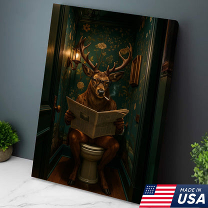 Funny Whitetail Buck Bathroom Canvas – Deer with Glasses Reading Newspaper on Toilet