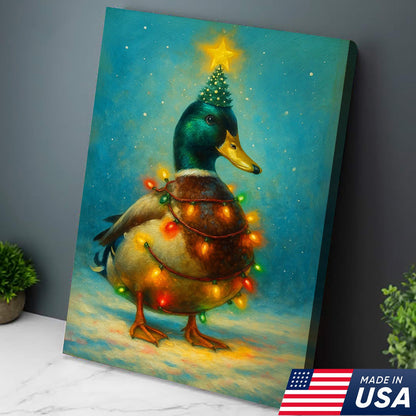 Funny Mallard Duck Christmas Canvas Wall Art – Festive Holiday Decor – Rustic Lodge Gift Idea