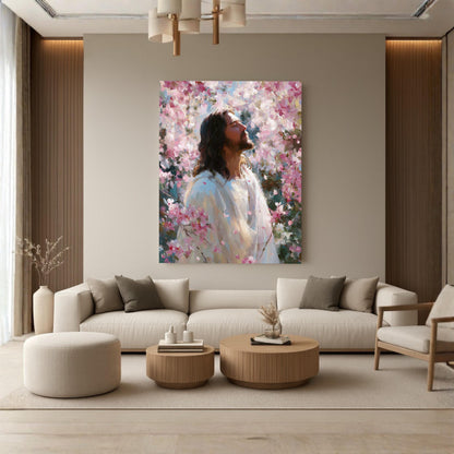 Jesus Canvas Wall Art, Christian Floral Painting, Religious Home Decor
