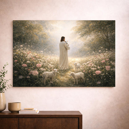 Good Shepherd Christian Canvas Wall Art, Jesus with Lambs in Meadow home Decor