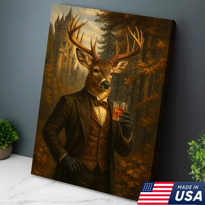 Gentleman Deer Whiskey Canvas Wall Art – Rustic Hunting Lodge & Man Cave Decor