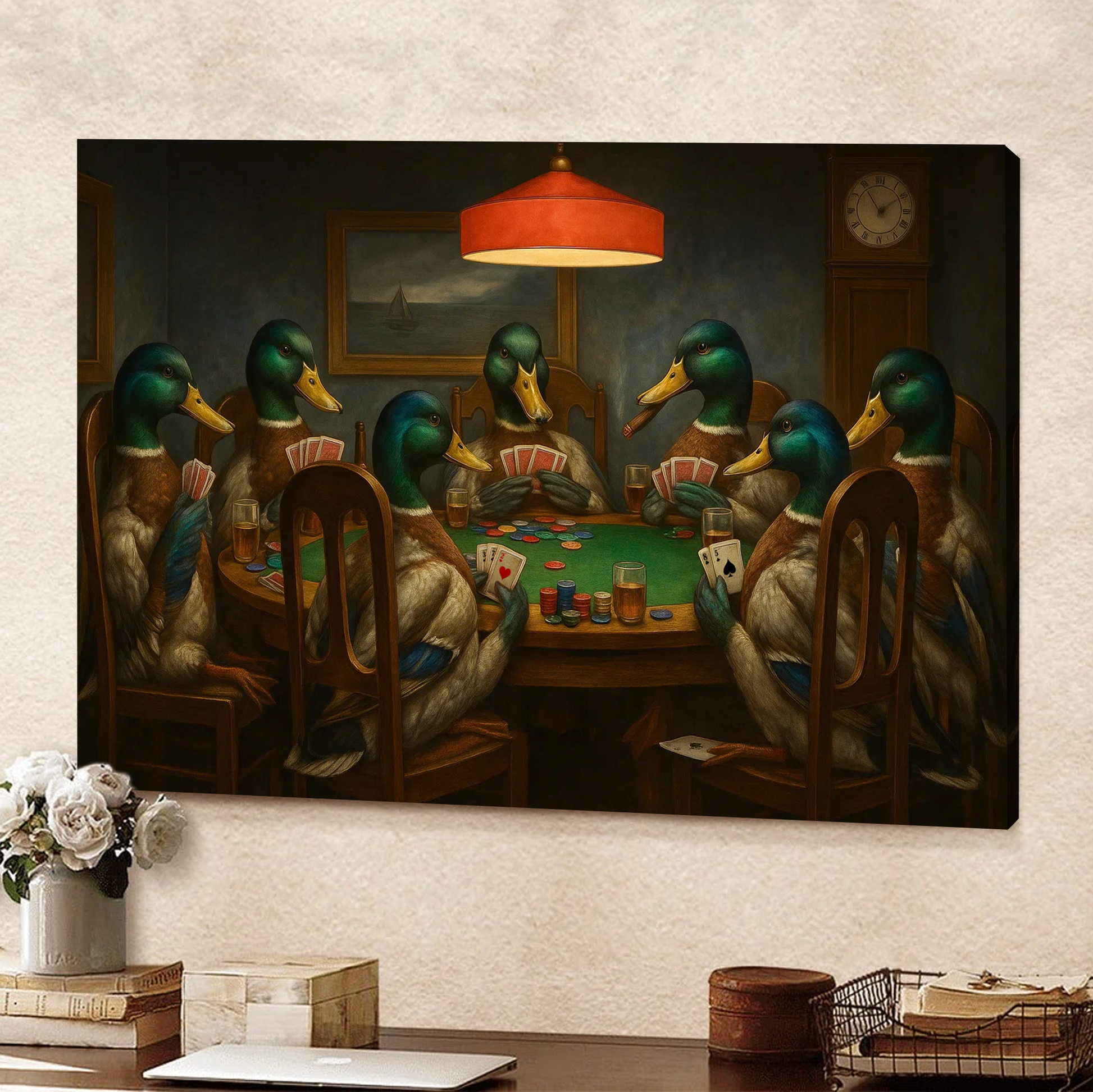 Funny Ducks Playing Poker Canvas Wall Art – Rustic Wildlife Game Night Decor
